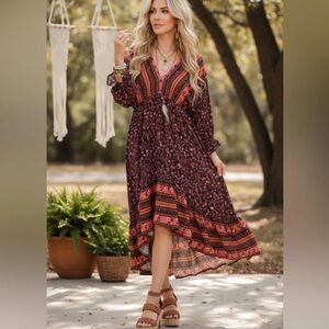 NWT UMGEE Cocoa Floral Hi-Lo Bohemian 3/4-Sleeve Dress, Large